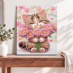Finished blossom holding kitten pearl diamond painting artwork displayed as home decor