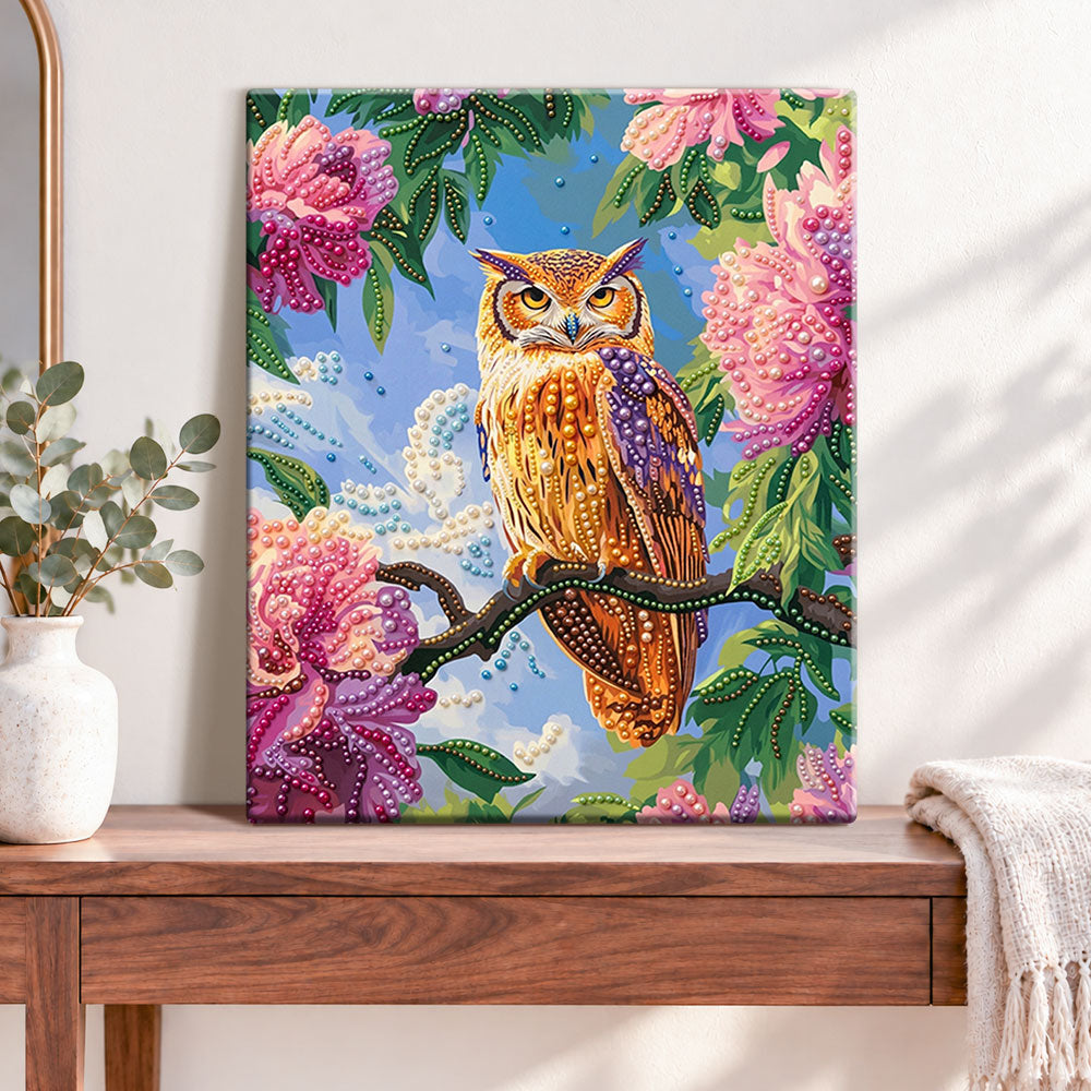 Finished blossom owl portrait pearl diamond painting artwork displayed as home decor