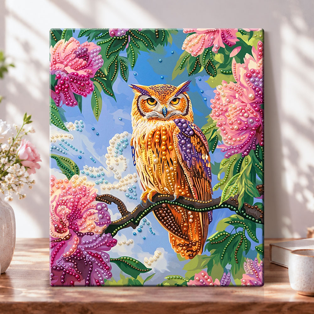 Blossom owl portrait pearl diamond painting kit for beginners