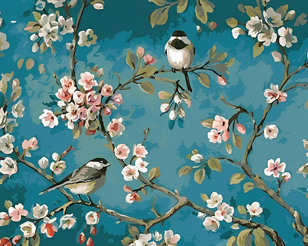 Blossoming cherry tree with birds cross stitch kit for beginners