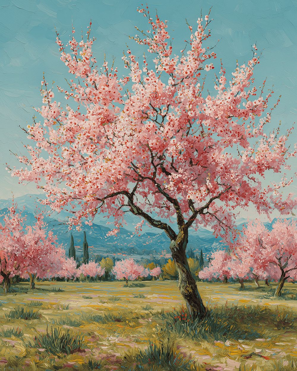 Blossoming pink trees in spring cross stitch kit for beginners