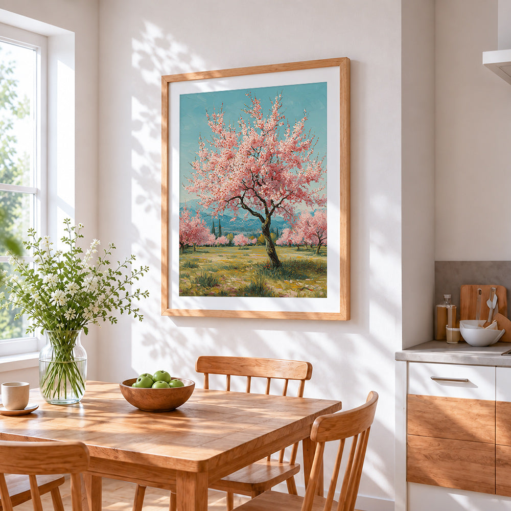 Blossoming pink trees in spring cross stitch artwork displayed on wall as home decor
