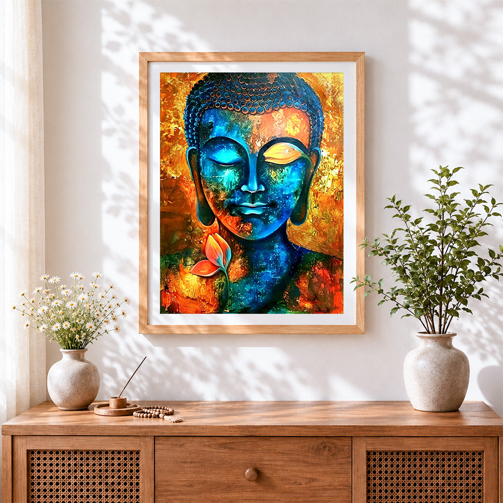Finished blue and gold buddha cross stitch artwork displayed