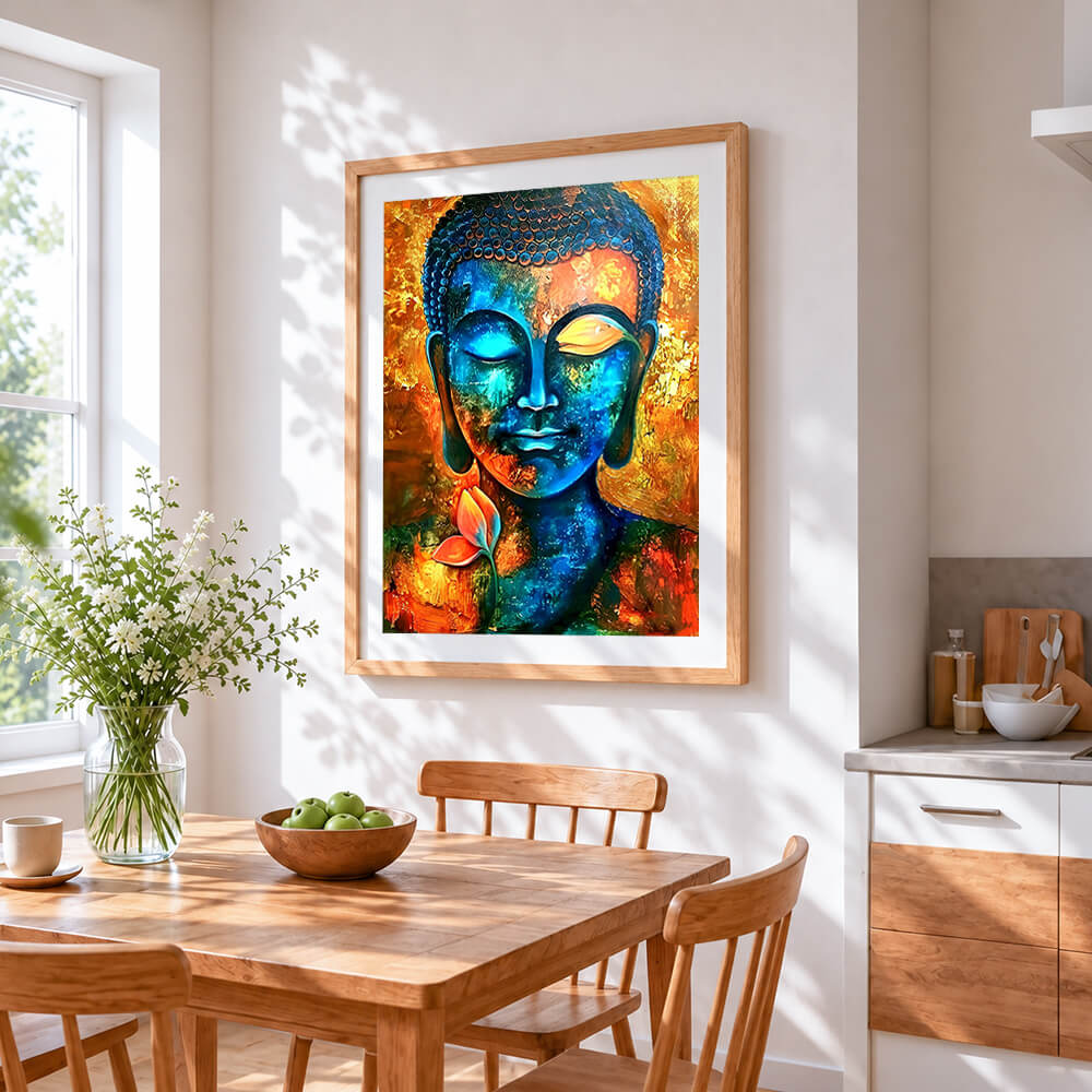 Blue and gold buddha cross stitch artwork displayed on wall as home decor