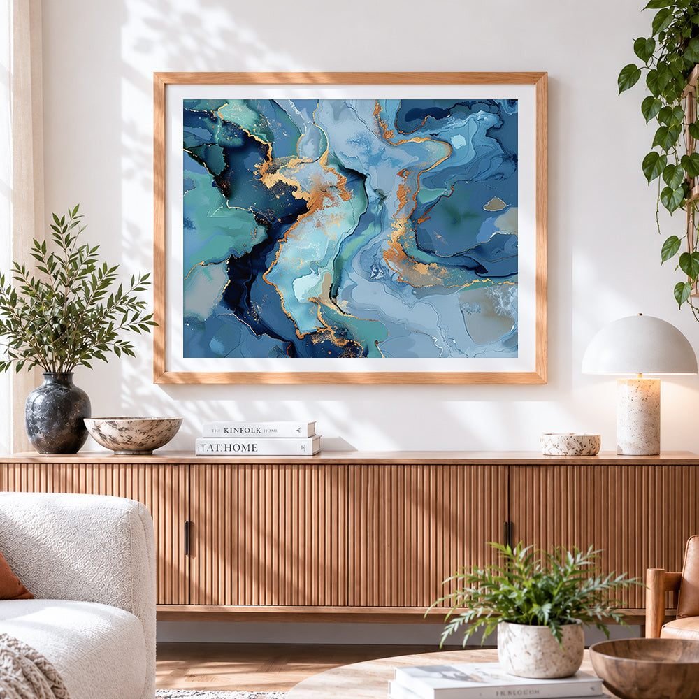 Finished blue and gold fluid paint by numbers artwork displayed as home decor