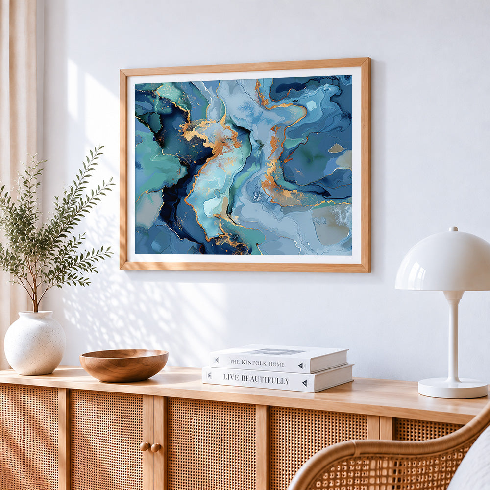 Blue and gold fluid paint by numbers artwork displayed on wall as home decor