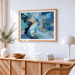 Blue and gold fluid paint by numbers artwork displayed on wall as home decor