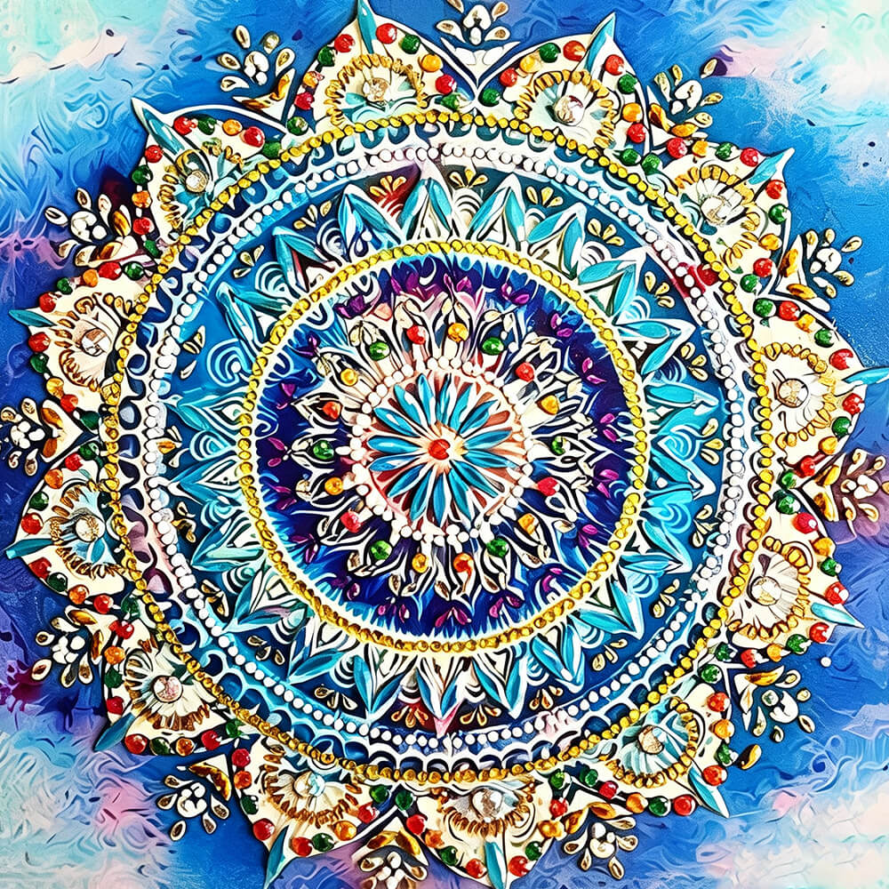Blue and gold jewelled mandala cross stitch kit for beginners