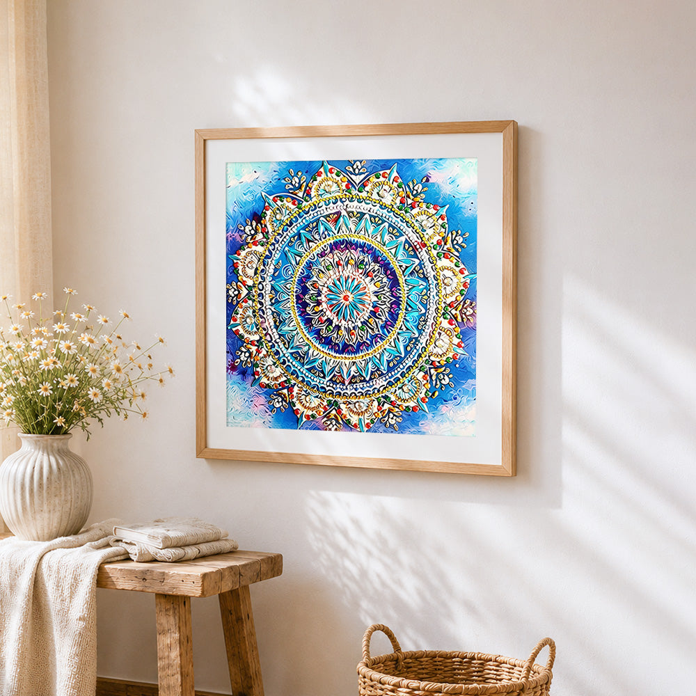 Blue and gold jewelled mandala cross stitch artwork displayed on wall as home decor