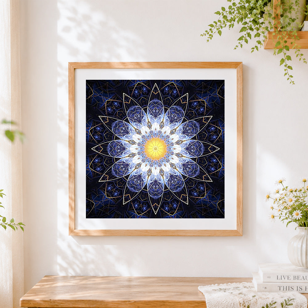 Finished blue and gold lotus mandala cross stitch artwork displayed