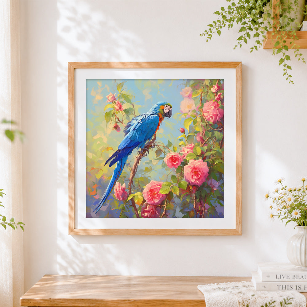 Finished blue and gold macaw in a rose garden cross stitch artwork displayed