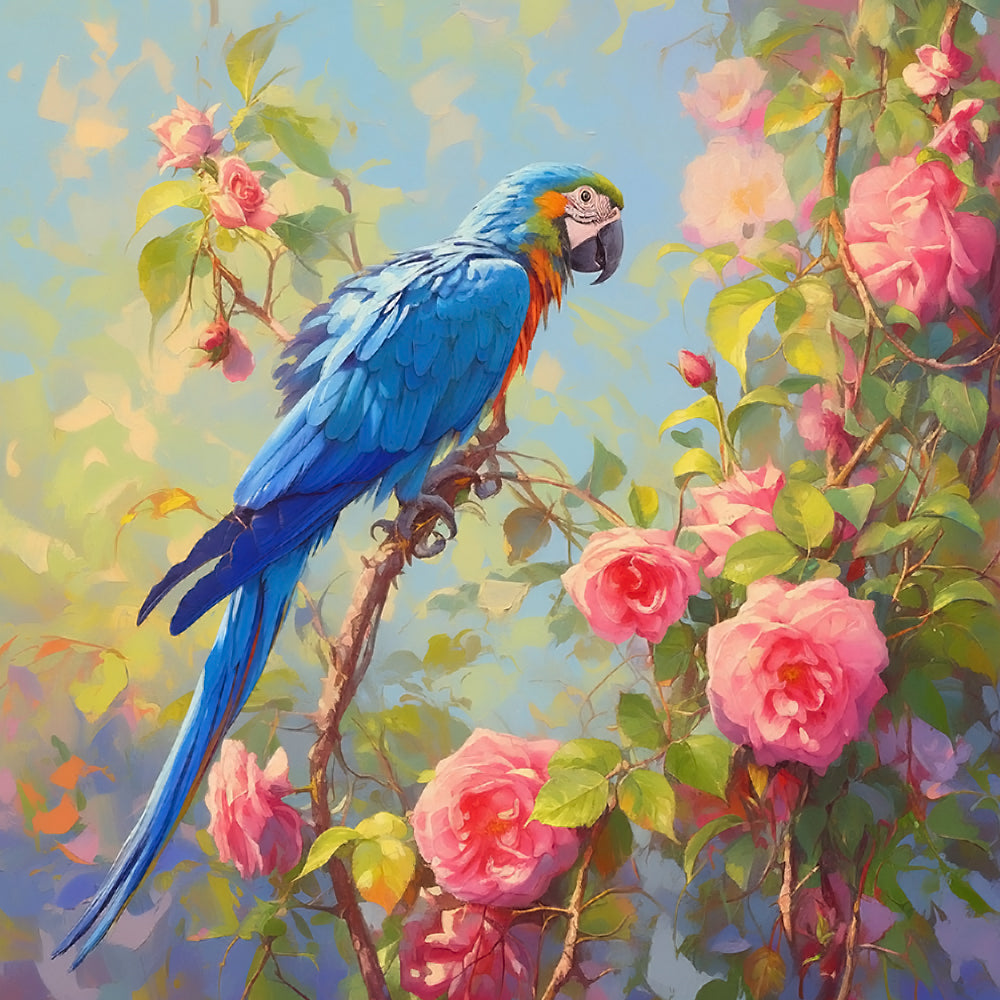 Blue and gold macaw in a rose garden cross stitch kit for beginners