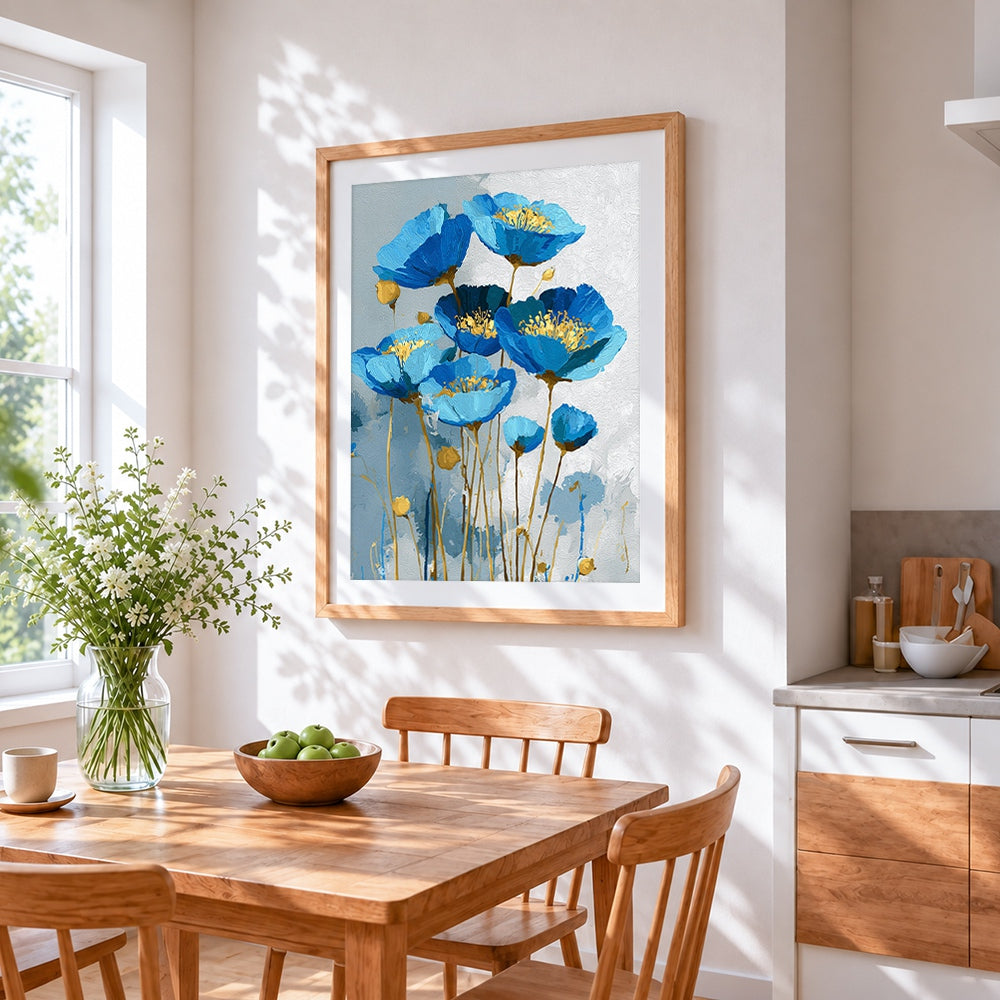 Blue and gold poppies cross stitch artwork displayed on wall as home decor