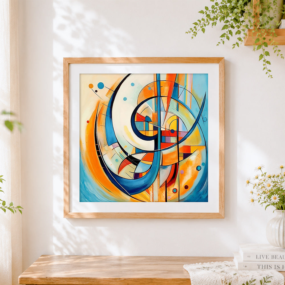 Finished blue and orange abstract curves cross stitch artwork displayed