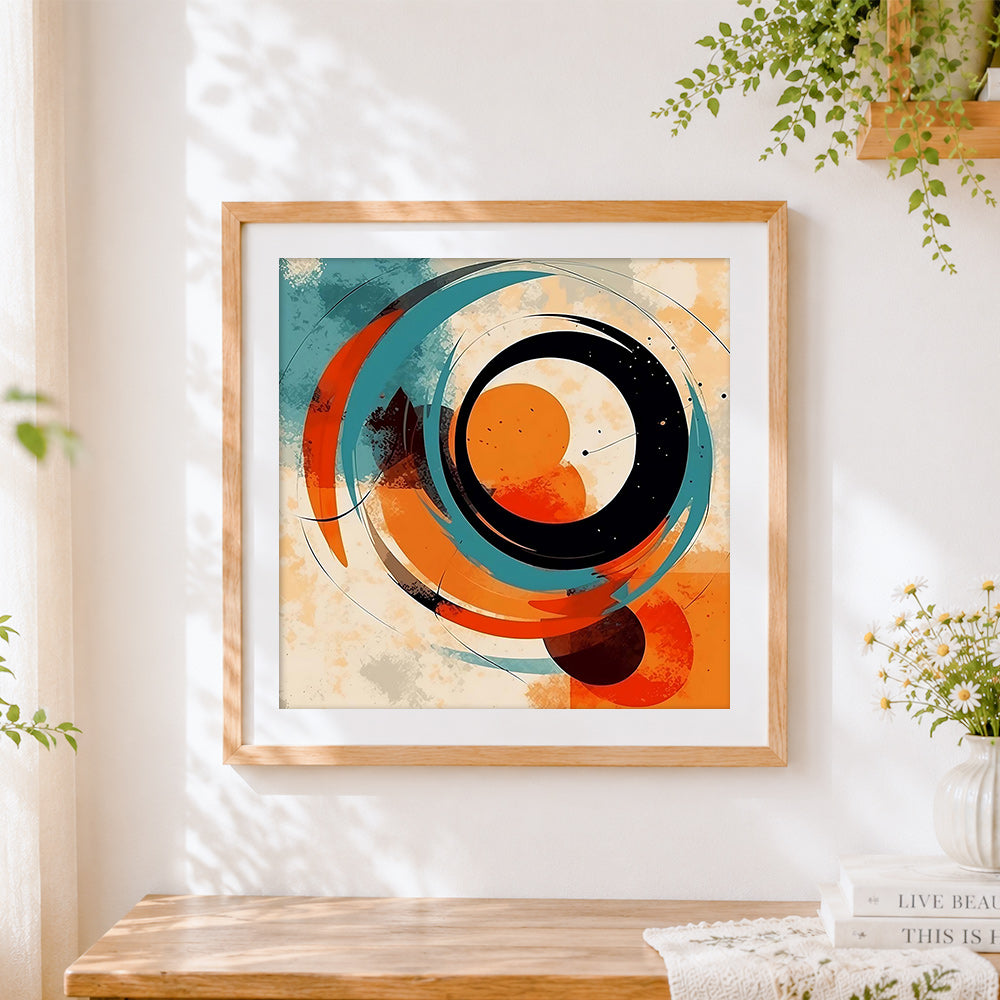 Finished blue and orange abstract swirls cross stitch artwork displayed