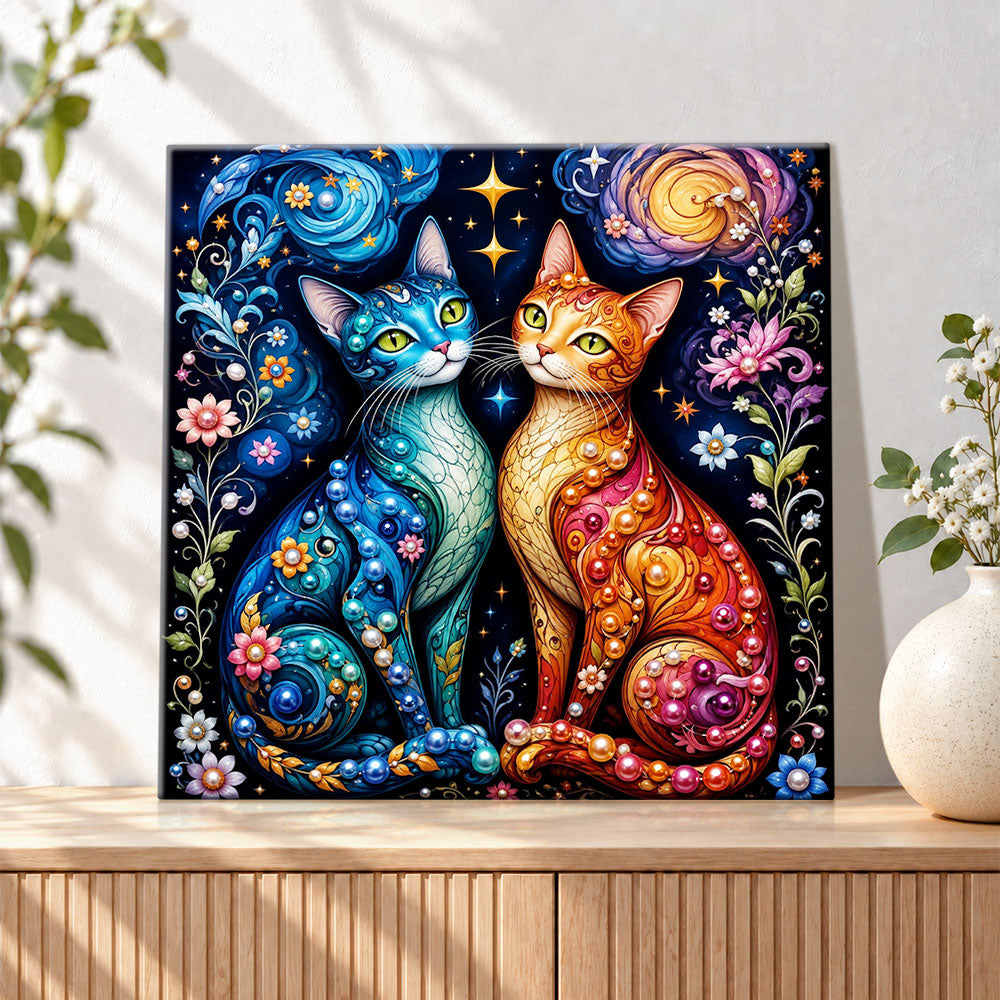 Finished blue and orange fantasy cats pearl diamond painting artwork displayed as holiday home decor