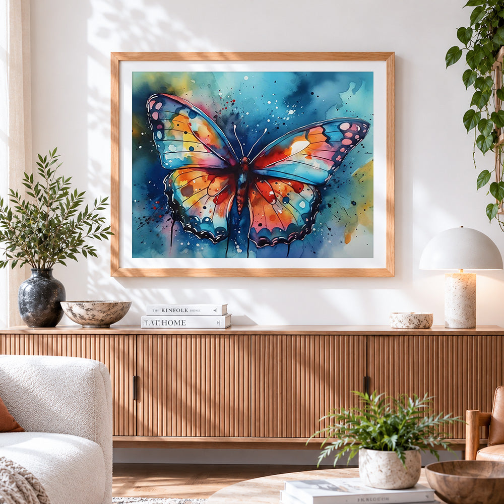 Finished blue and orange watercolour butterfly cross stitch artwork displayed