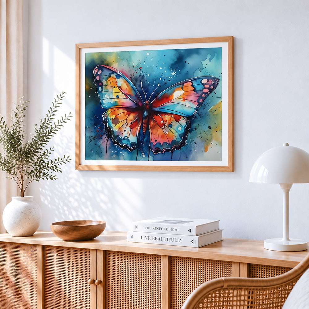 Blue and orange watercolour butterfly cross stitch artwork displayed on wall as home decor