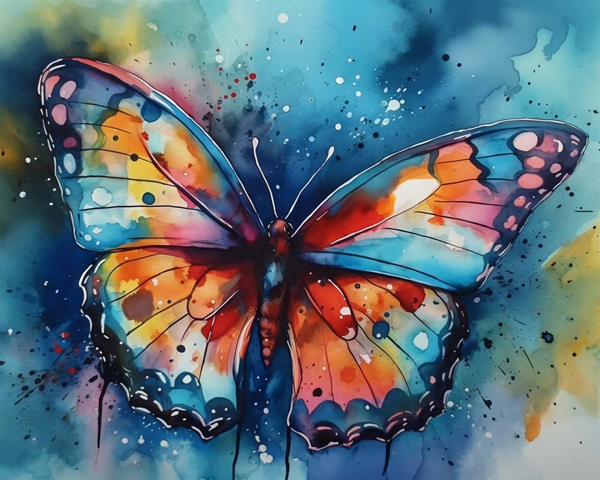 Blue and orange watercolour butterfly paint by numbers kit for beginners