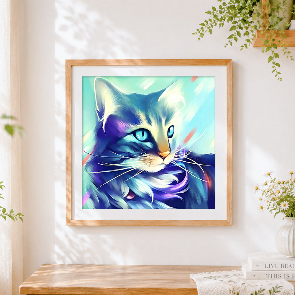 Finished blue and purple abstract cat portrait cross stitch artwork displayed
