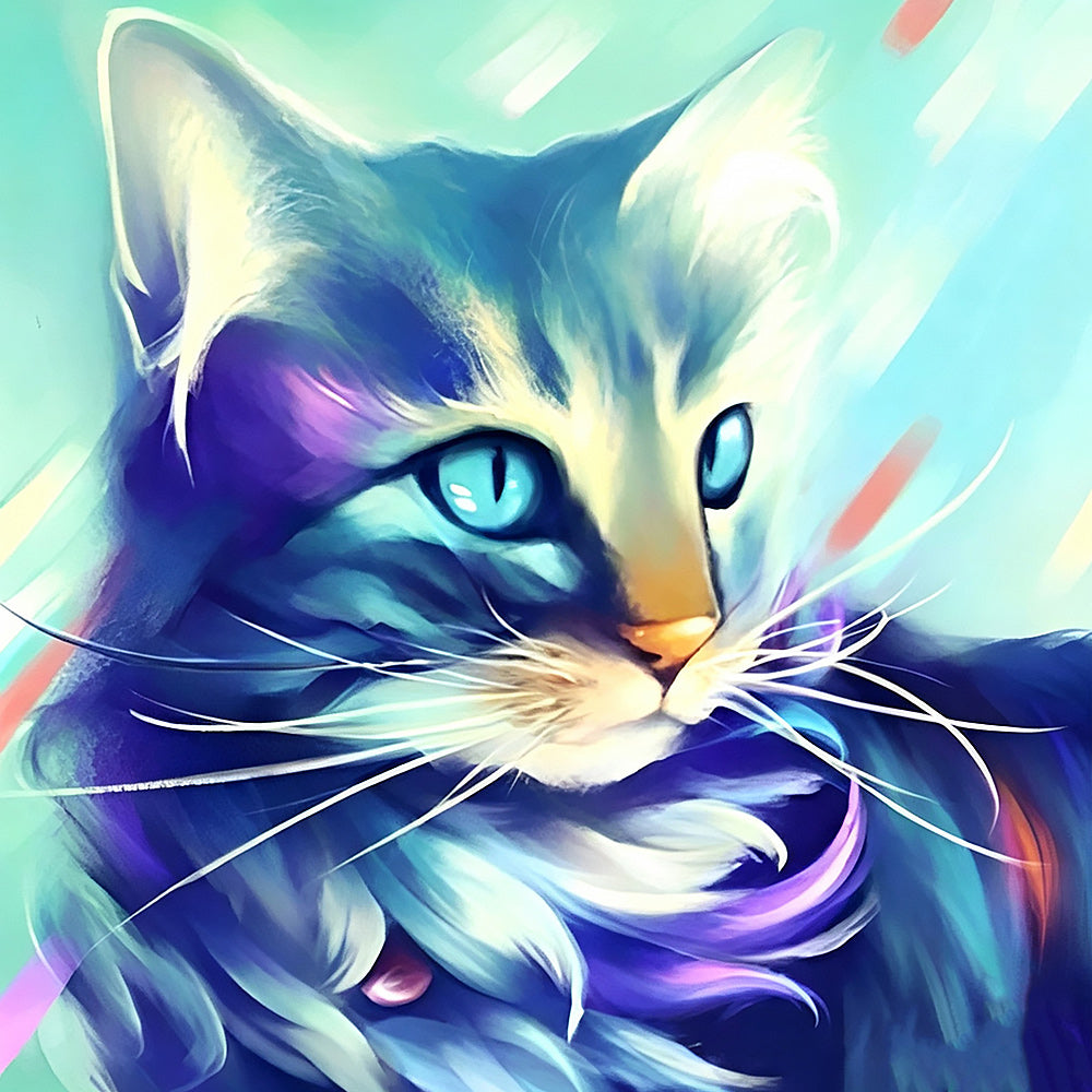 Blue and purple abstract cat portrait cross stitch kit for beginners