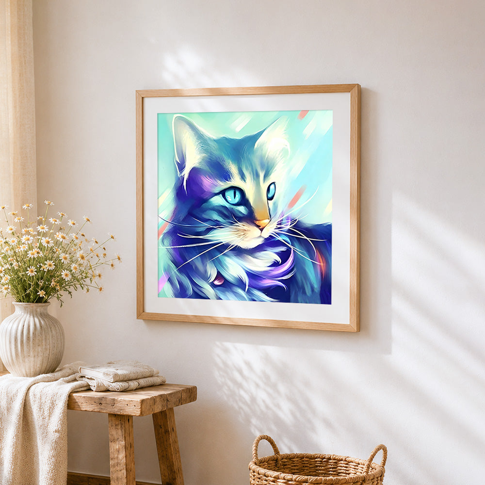 Blue and purple abstract cat portrait cross stitch artwork displayed on wall as home decor
