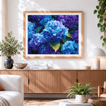 Finished blue and purple hydrangea close up paint by numbers artwork displayed as home decor