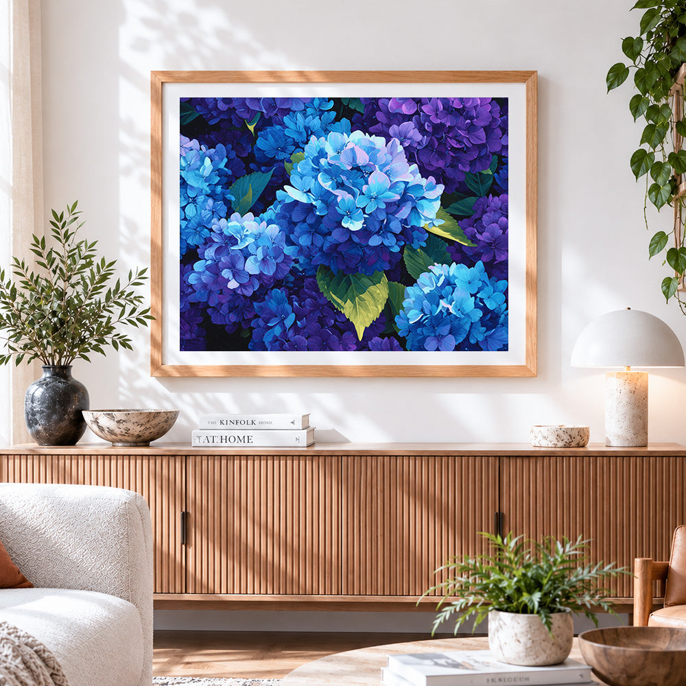 Finished blue and purple hydrangea close up paint by numbers artwork displayed as home decor