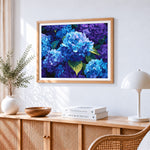 Blue and purple hydrangea close up paint by numbers artwork displayed on wall as home decor