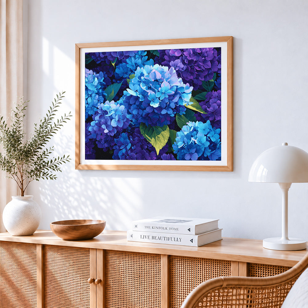 Blue and purple hydrangea close up paint by numbers artwork displayed on wall as home decor
