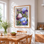 Blue and purple irises cross stitch artwork displayed on wall as home decor