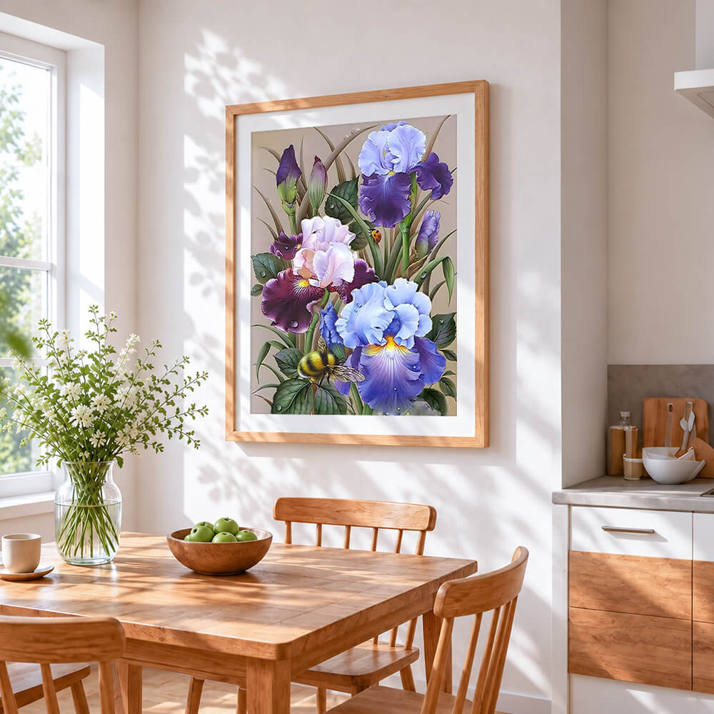 Blue and purple irises cross stitch artwork displayed on wall as home decor
