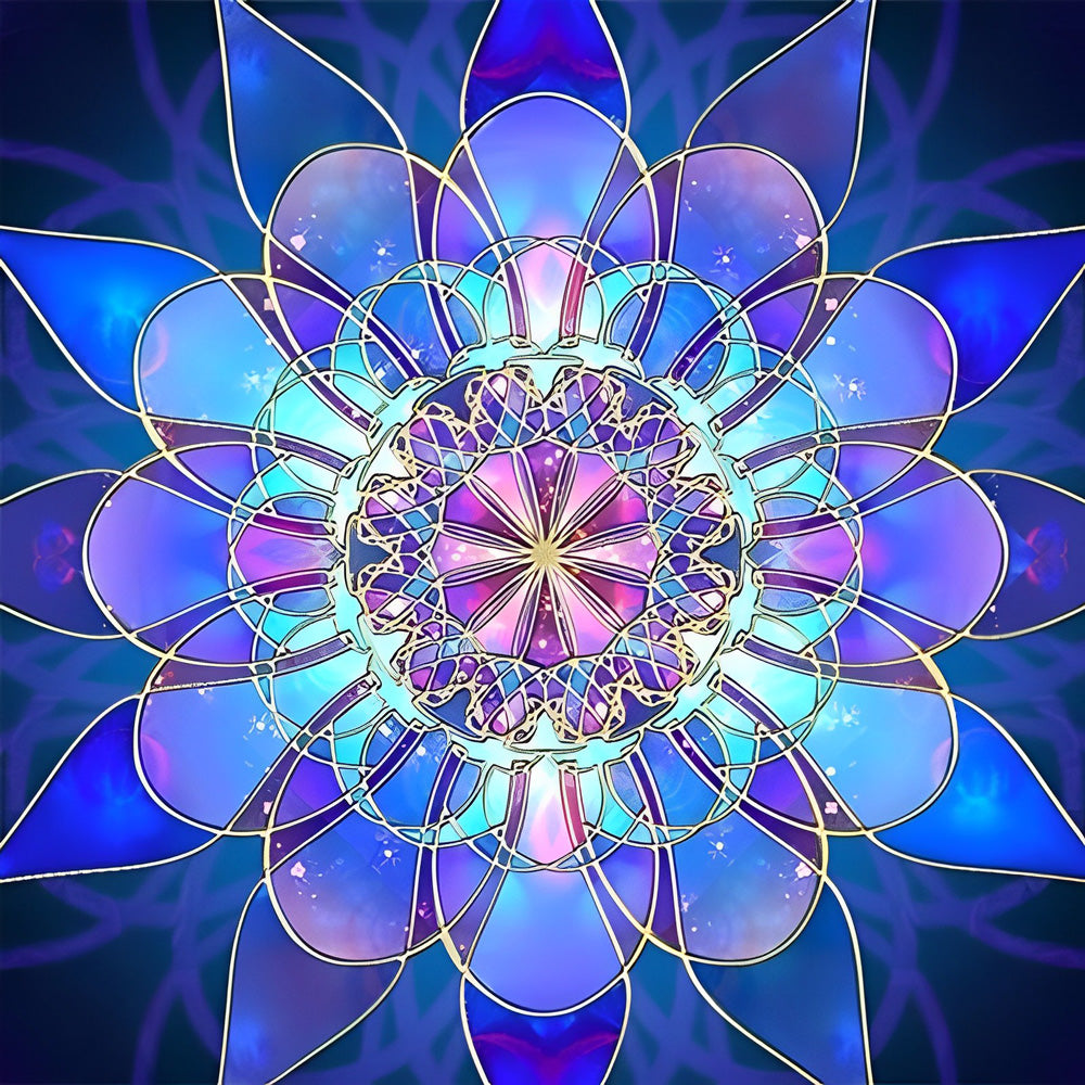 Blue and purple lotus mandala cross stitch kit for beginners