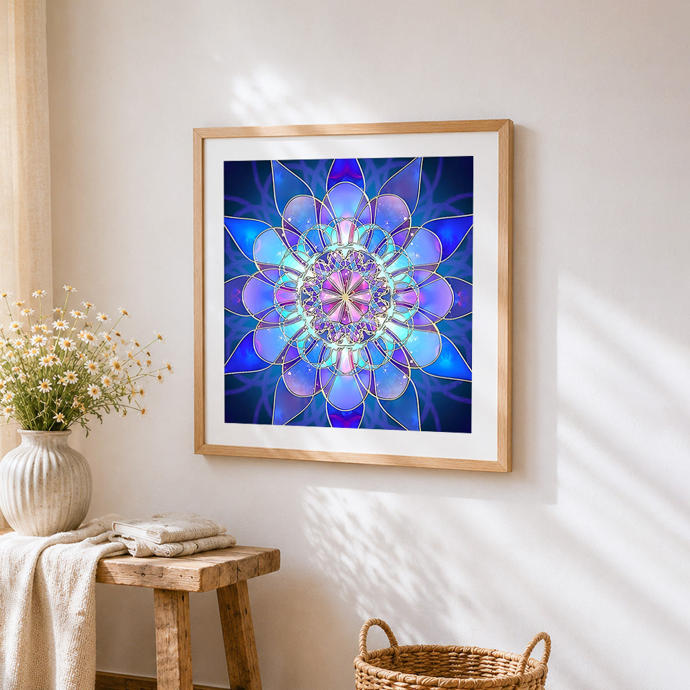 Blue and purple lotus mandala cross stitch artwork displayed on wall as home decor