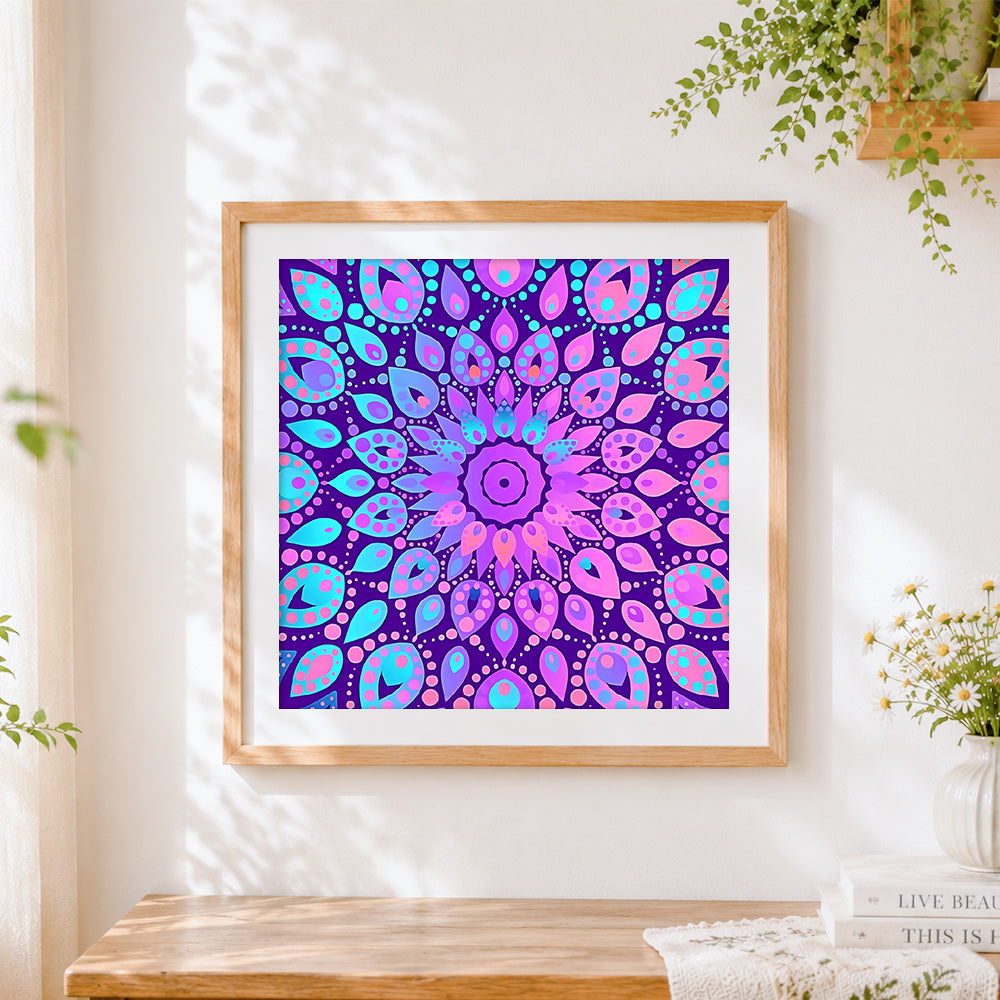 Finished blue and purple paisley pattern mandala cross stitch artwork displayed