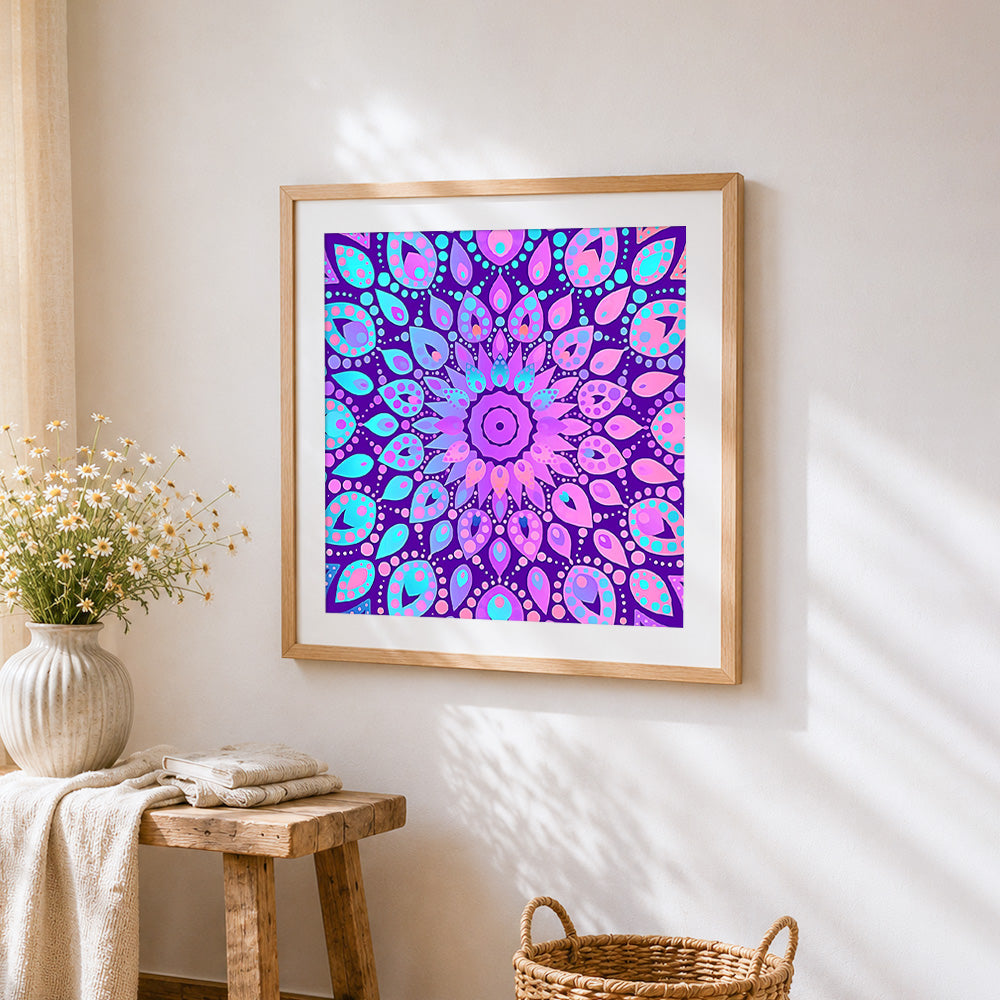 Blue and purple paisley pattern mandala cross stitch artwork displayed on wall as home decor
