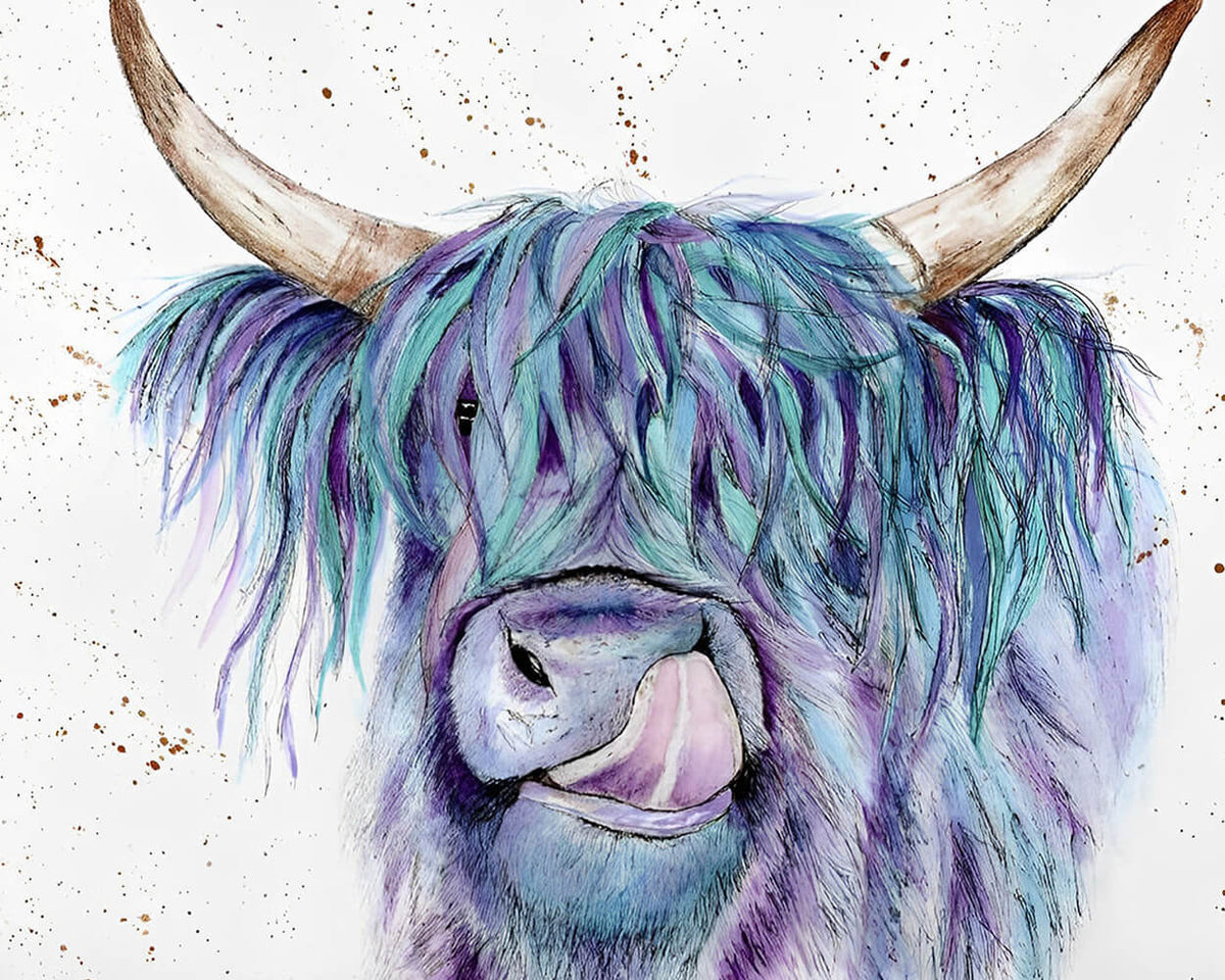 Blue and purple watercolour highland cow cross stitch kit for beginners
