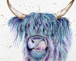 Blue and purple watercolour highland cow cross stitch kit for beginners