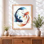 Finished blue and red koi fish yin yang cross stitch artwork displayed