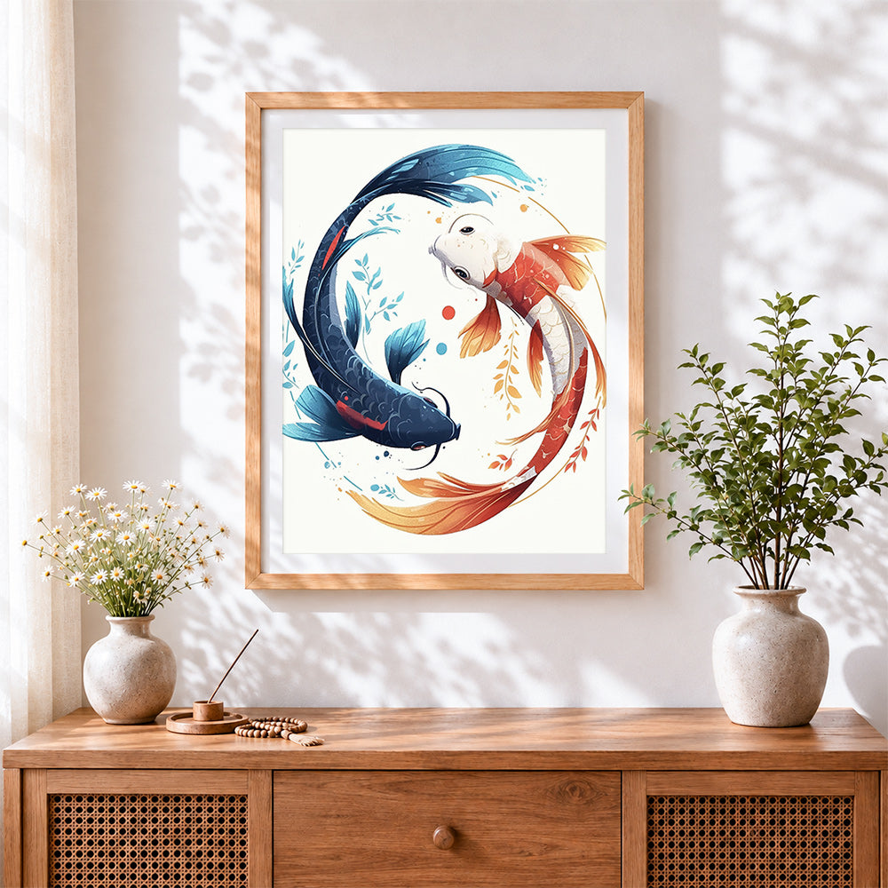 Finished blue and red koi fish yin yang cross stitch artwork displayed