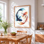Blue and red koi fish yin yang cross stitch artwork displayed on wall as home decor