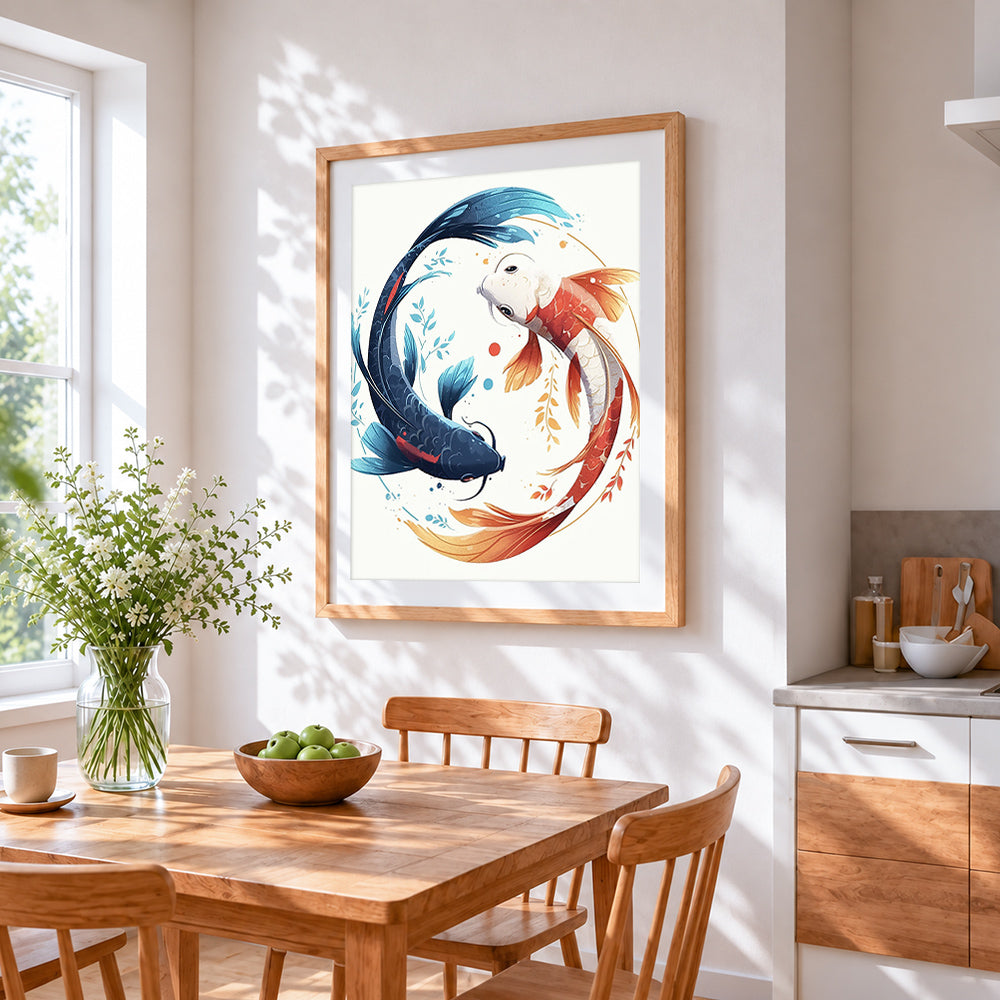 Blue and red koi fish yin yang cross stitch artwork displayed on wall as home decor