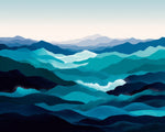 Blue and teal abstract waves and mountains paint by numbers kit for beginners