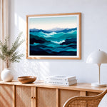 Blue and teal abstract waves and mountains paint by numbers artwork displayed on wall as home decor