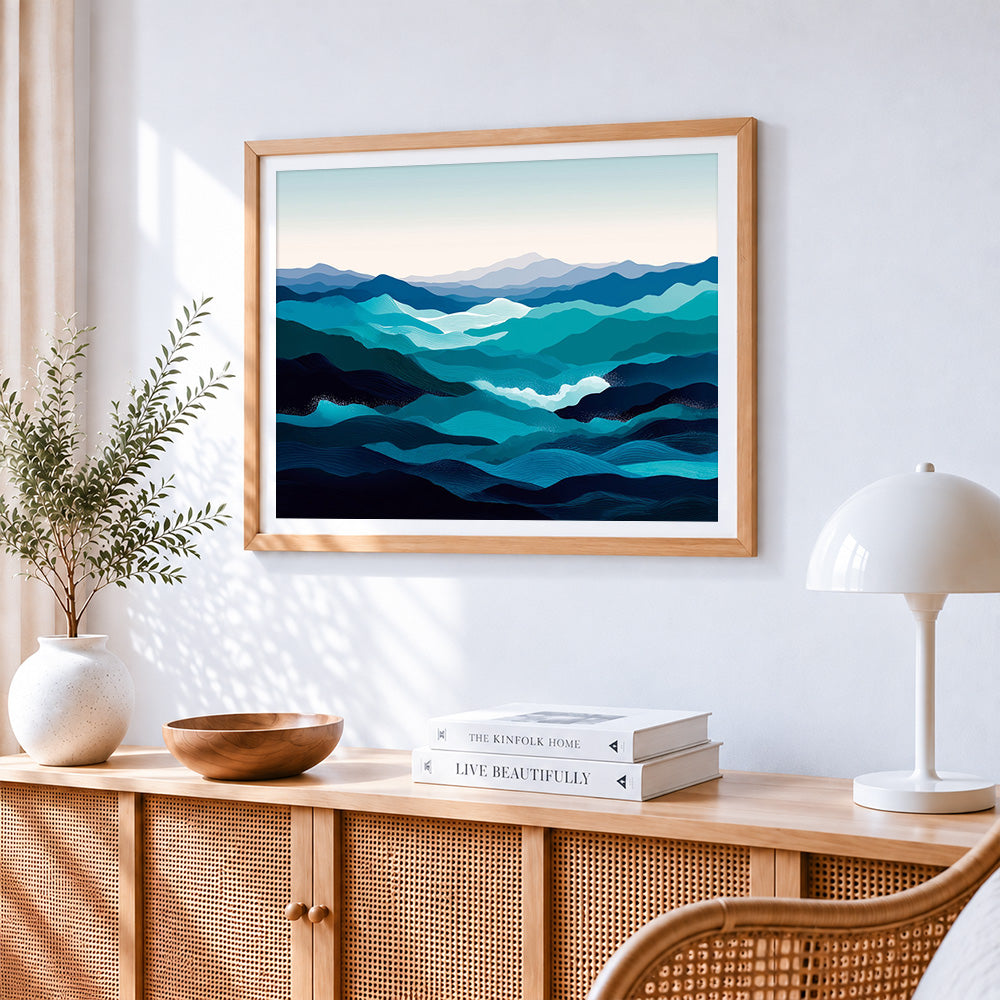 Blue and teal abstract waves and mountains paint by numbers artwork displayed on wall as home decor