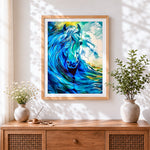 Finished blue and teal fluid horse cross stitch artwork displayed