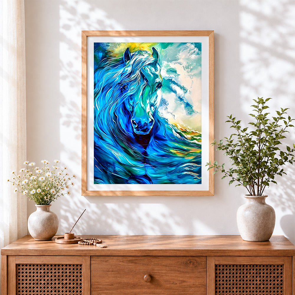 Finished blue and teal fluid horse cross stitch artwork displayed