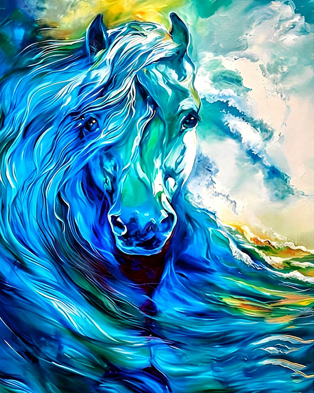 Blue and teal fluid horse cross stitch kit for beginners