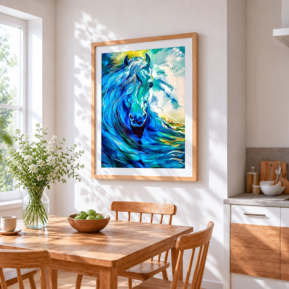 Blue and teal fluid horse cross stitch artwork displayed on wall as home decor