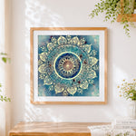Finished blue and teal mandala paint by numbers artwork displayed as home decor
